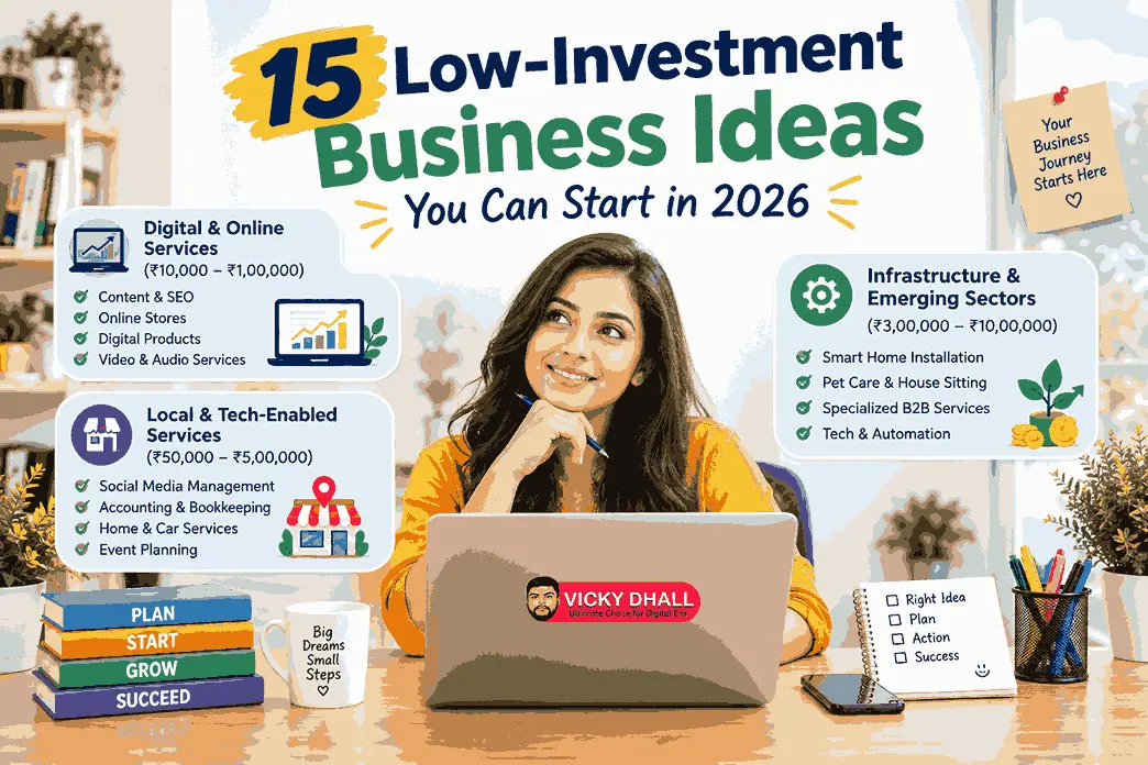 Low-investment business ideas for 2026 featuring a laptop, business workspace, and digital entrepreneurship concept.