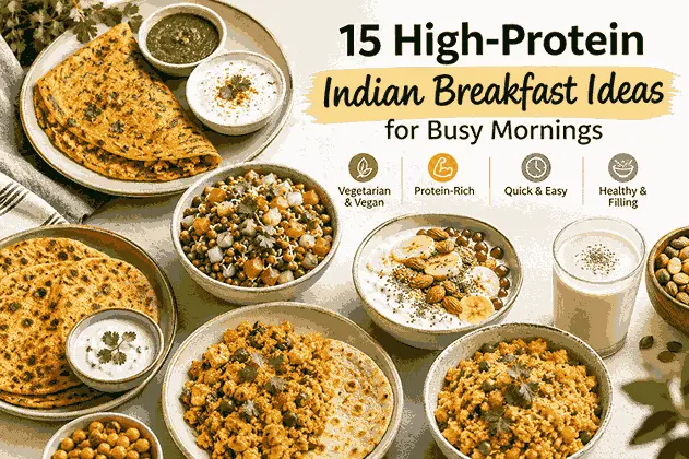15 high-protein Indian breakfast ideas featuring moong dal chilla, paneer paratha, sprouts chaat, oats, chickpeas, and healthy vegetarian meals for busy mornings.